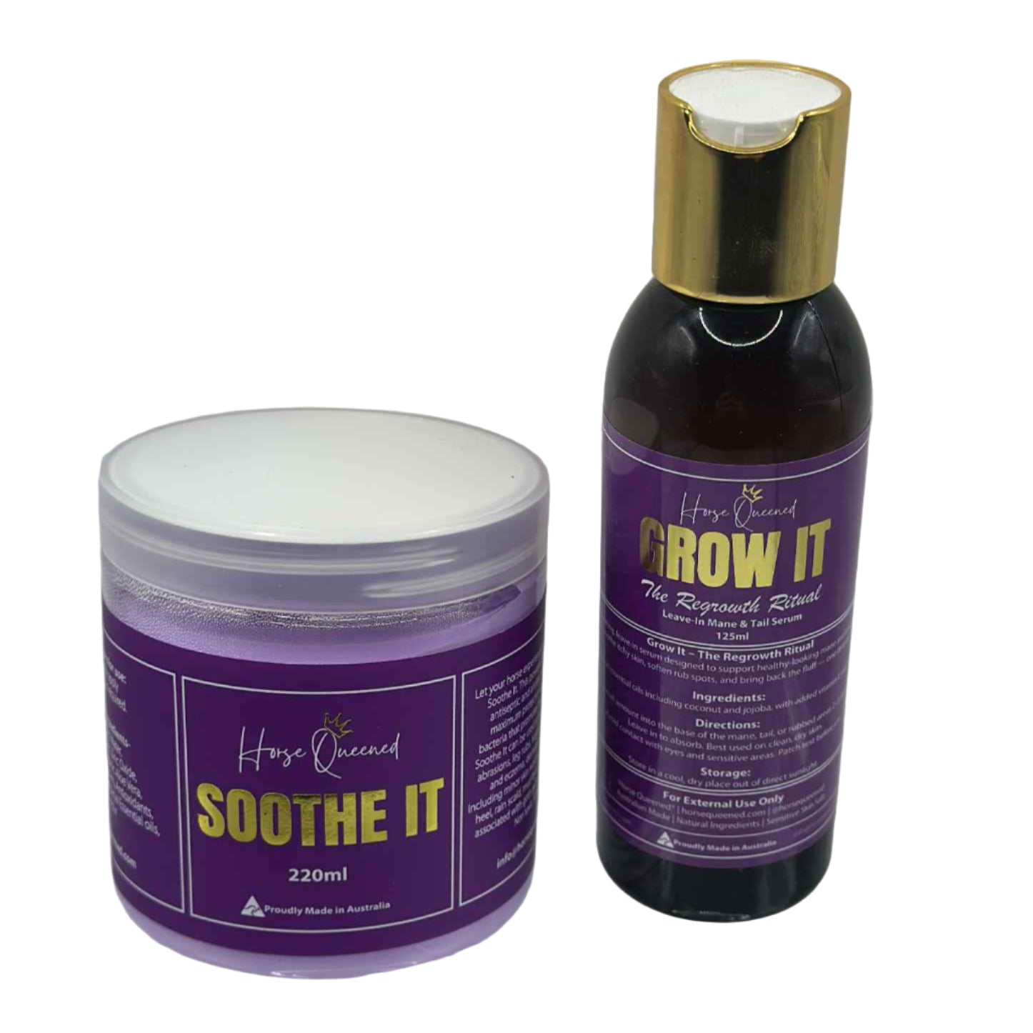 “Horse Queened Regrowth Ritual Pack – Soothe It purple cream for rug rubs and bald patches, paired with Grow It mane and tail regrowth blend. A natural, Australian-made duo designed for whole-horse grooming and care