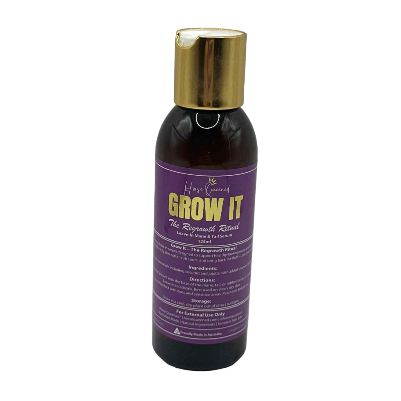 “Grow It – The Regrowth Ritual by Horse Queened. Natural, science-backed blend to support healthy mane and tail regrowth. Australian-made grooming care.
