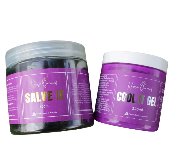 Two purple containers labeled 'Salve It' and 'Cool It Gel' on a purple background.