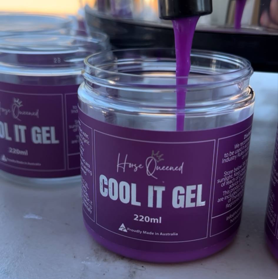 Purple jar of 'Cool It Gel' with a pump being used, on a white surface.