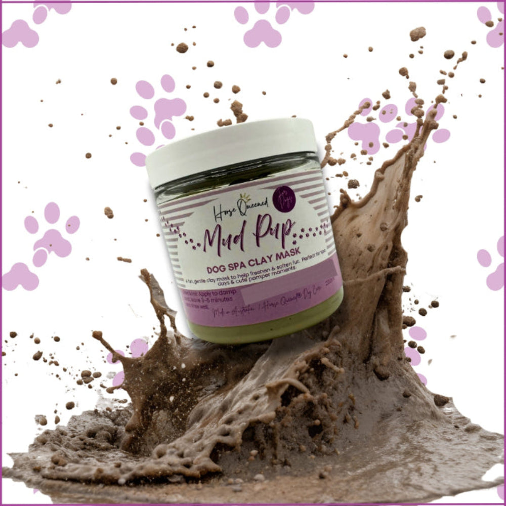 Dog spa clay mask jar with mud splashes on a white background