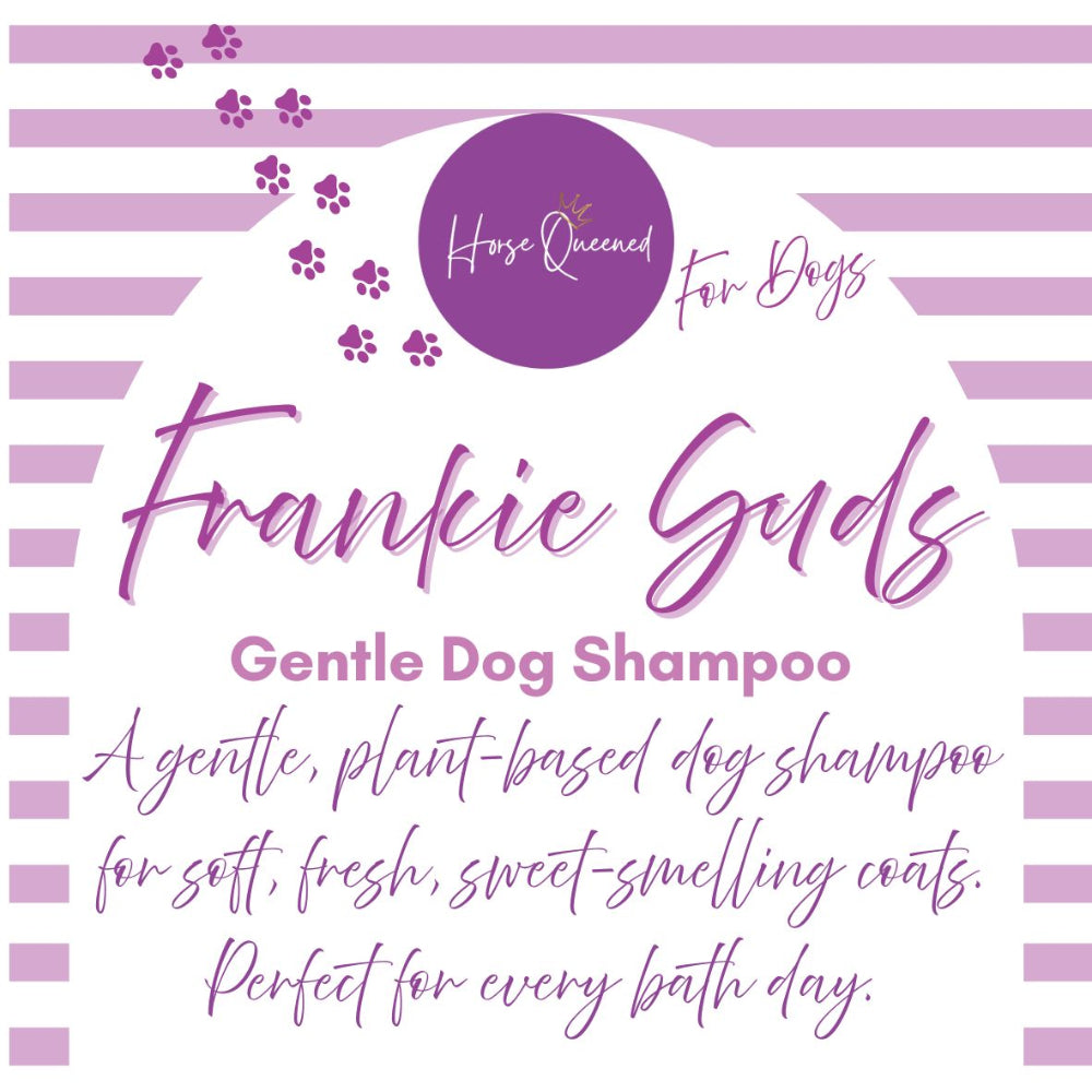 Advertisement for Frankie Guds Gentle Dog Shampoo with a purple and white design.
