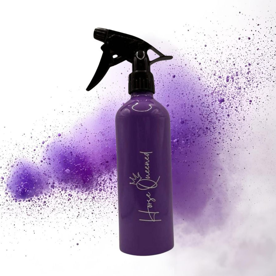 Purple spray bottle with 'Horse Queened' branding on a white background with purple accents.