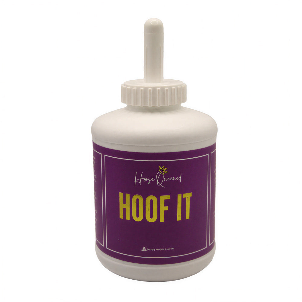 Bottle labeled 'HOOF IT' with a purple label on a white background