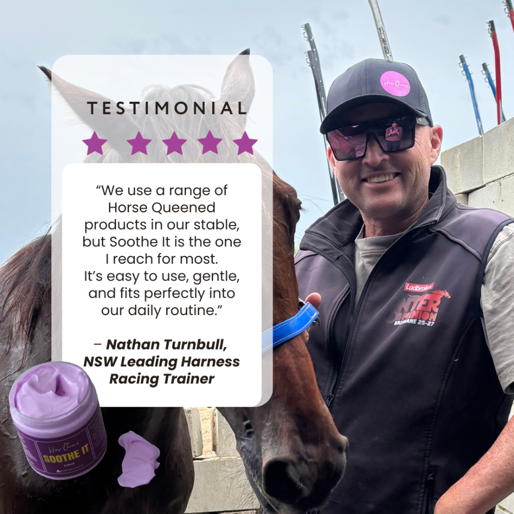 Man with a horse and Horse Queened product, featuring a testimonial card.