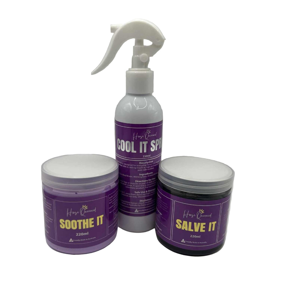 Three purple containers labeled 'Cool It Spray', 'Soothe It', and 'Salve It' on a white background