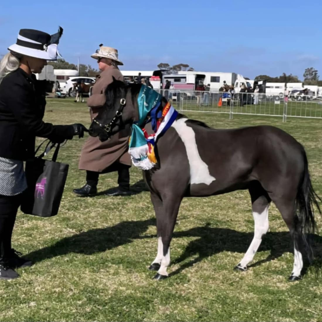 Connie Turner with her pony Cagra Park Classical Copy Cat after winning Horse Queened grooming products at the show — proud rider and pony celebrating their prize
