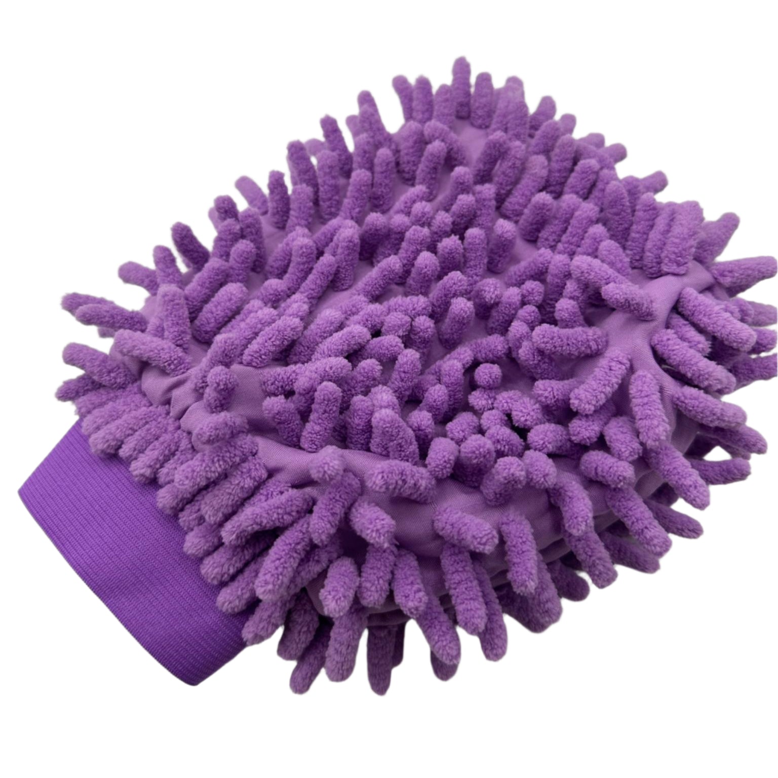 Purple microfiber cleaning glove on a white background