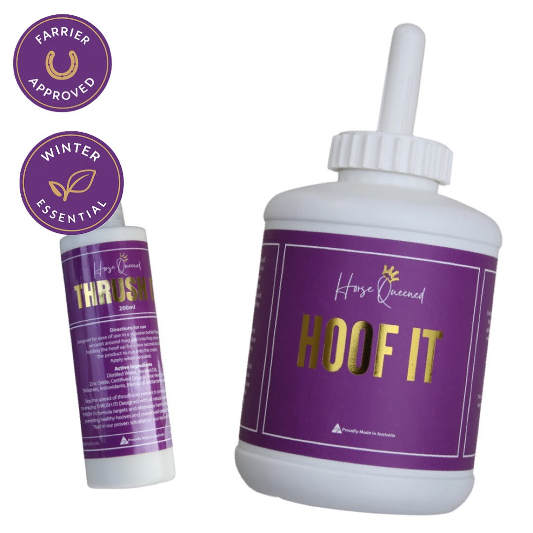 hoof it and thrush it being shown how to use for dry hooves and wet soggy frogs