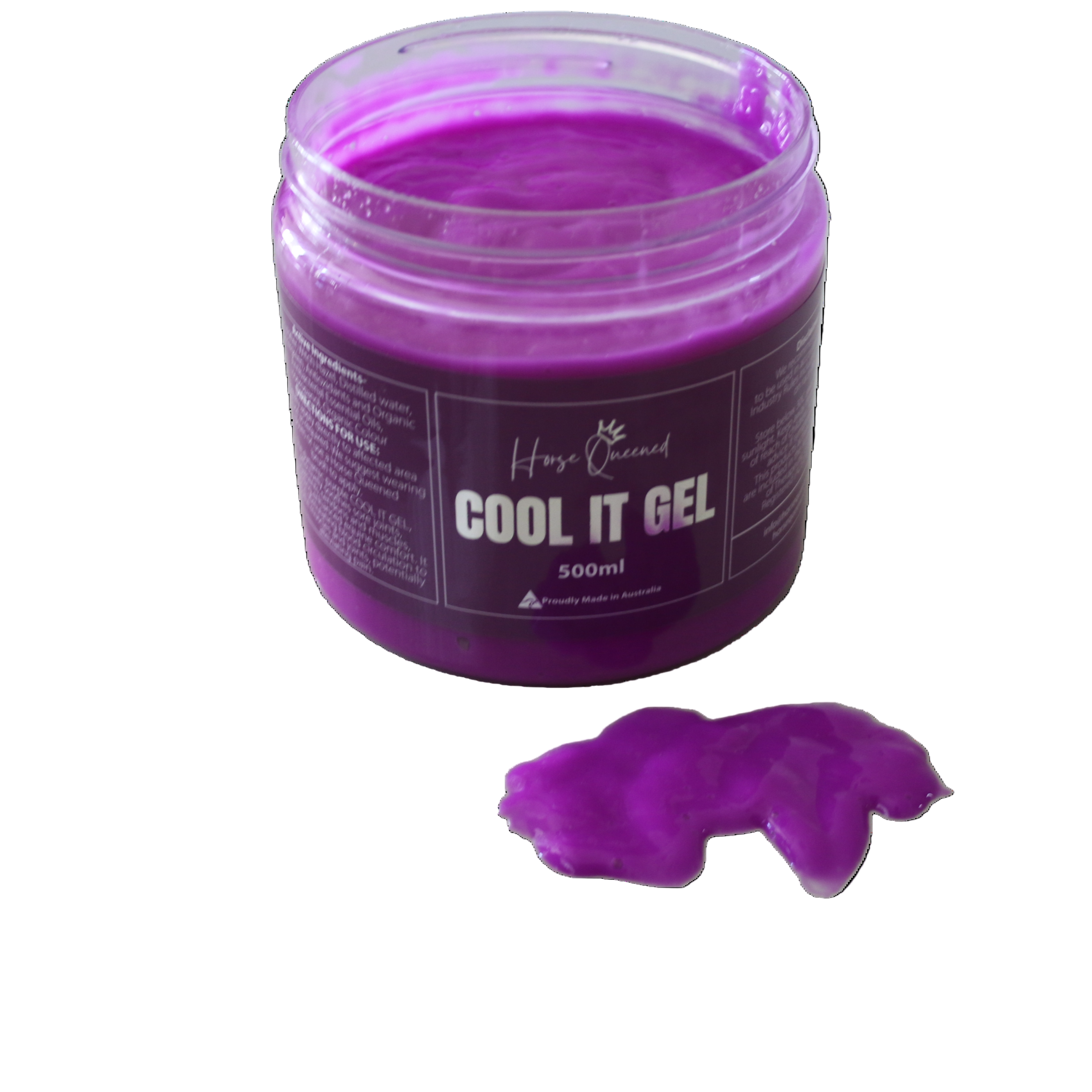 Purple gel jar labeled 'Cool It Gel' with a small amount of gel on a white background