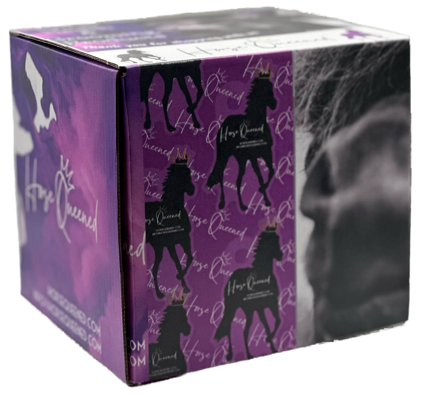 Purple box with horse-themed design and 'Horse Queen' branding on a white background