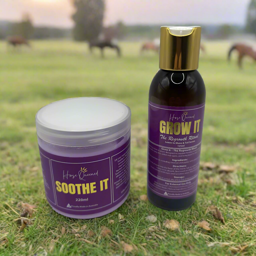 Horse Queened Regrowth Ritual Pack — Grow It and Soothe It bottles for horse mane, tail, and skin care