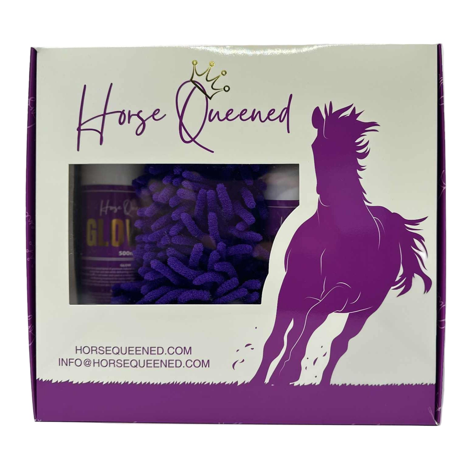 horse Grooming Kit Product packaging with 'Horse Queened' branding and a purple horse silhouette on a light background.