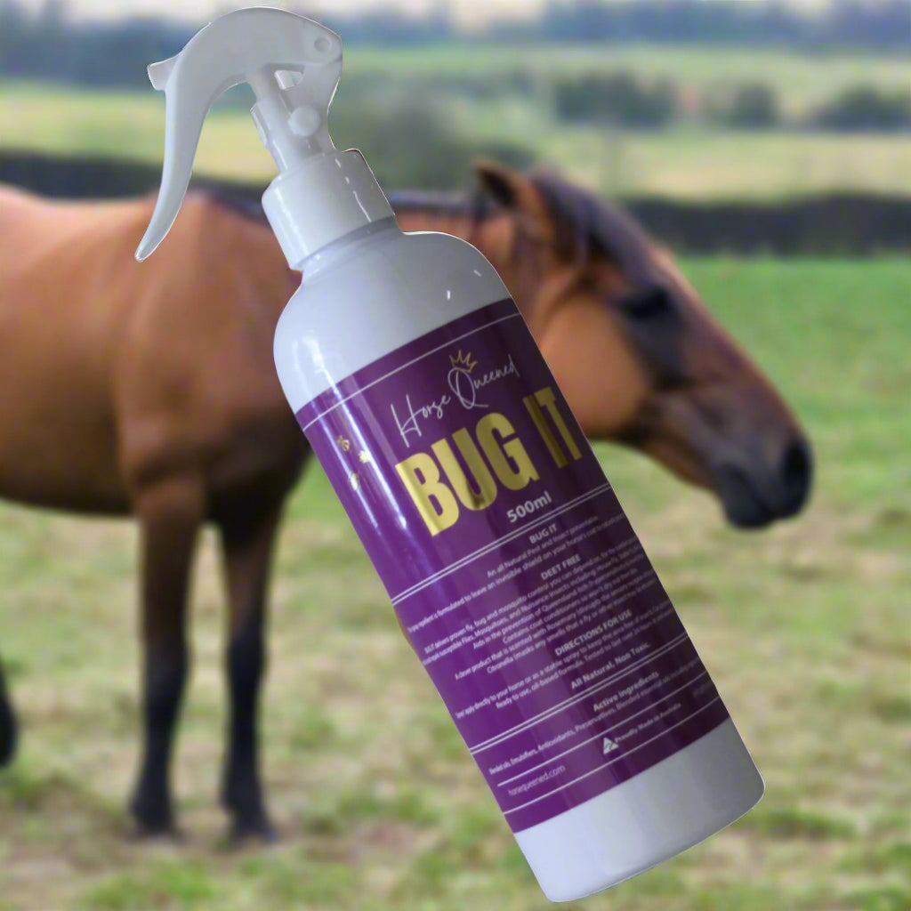 Bug spray bottle with purple label on a white background