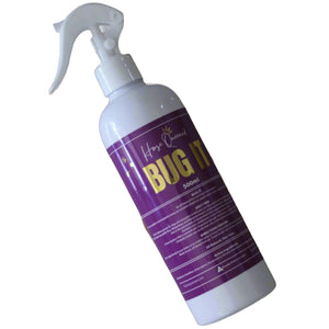 Bug spray bottle with purple label on a white background