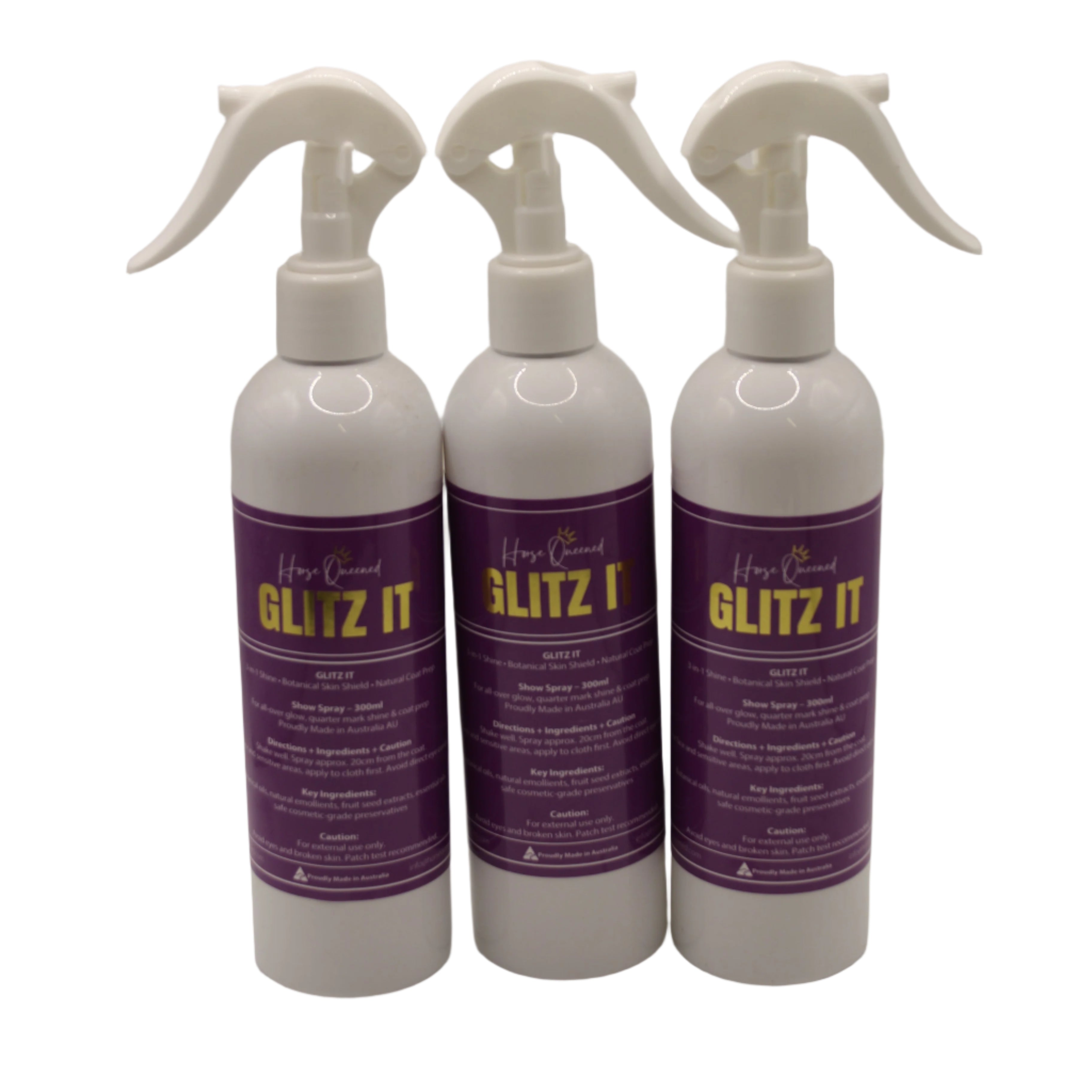 Three bottles of Iz Liz with purple labels on a light gray background
