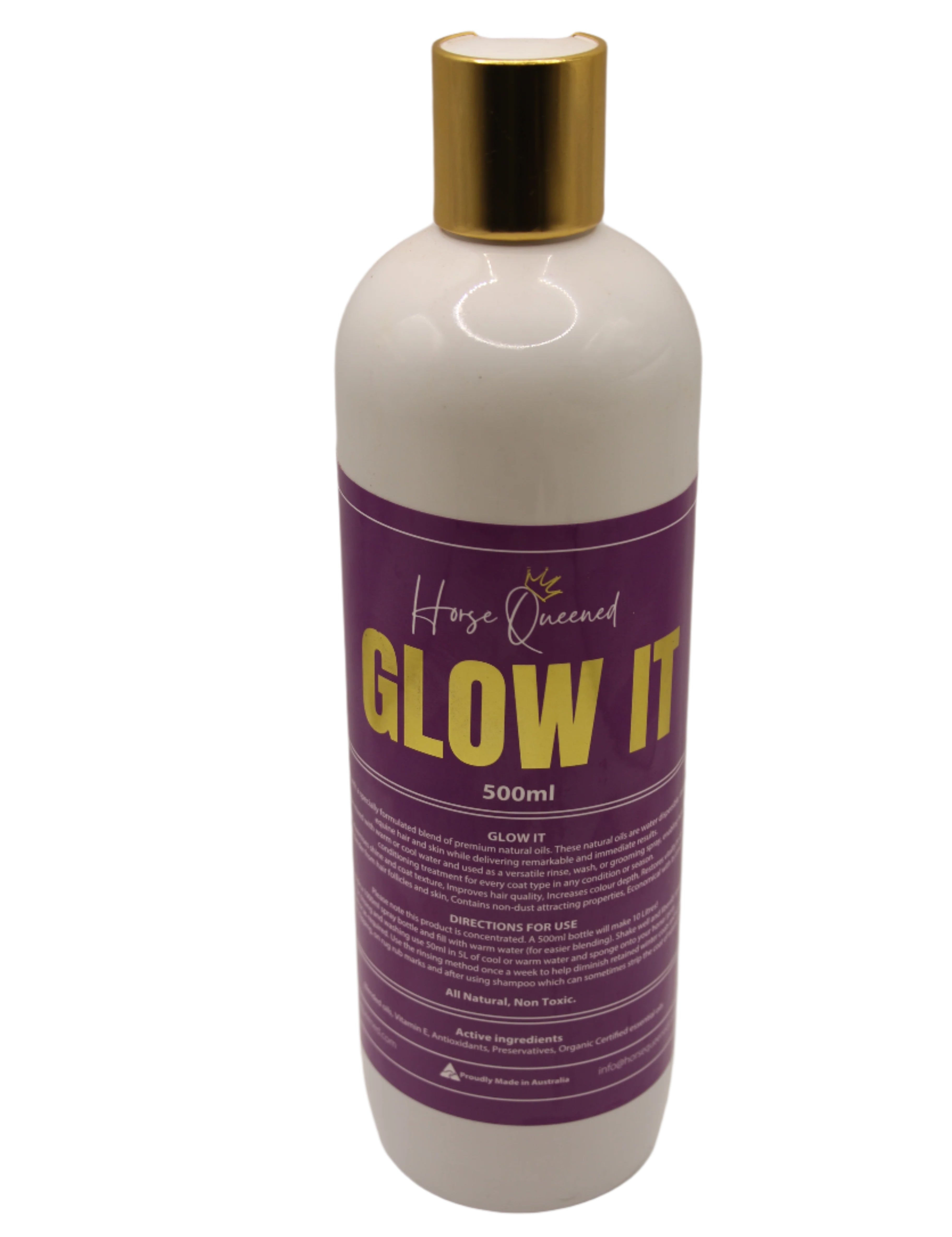 Bottle labeled 'Glow It' with a gold cap on a plain background