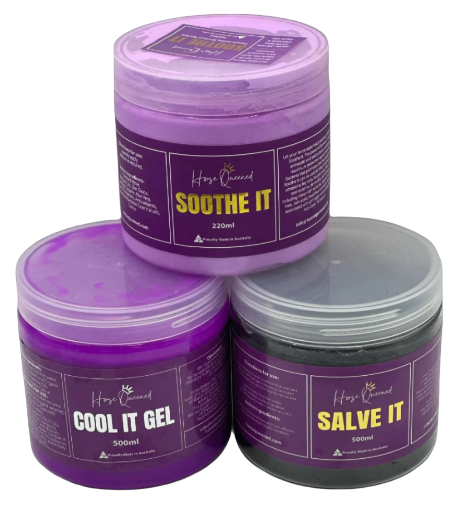 Soothe It, Salve It, and Cool It Gel 500ml jars – natural horse grooming pack for skin and leg care