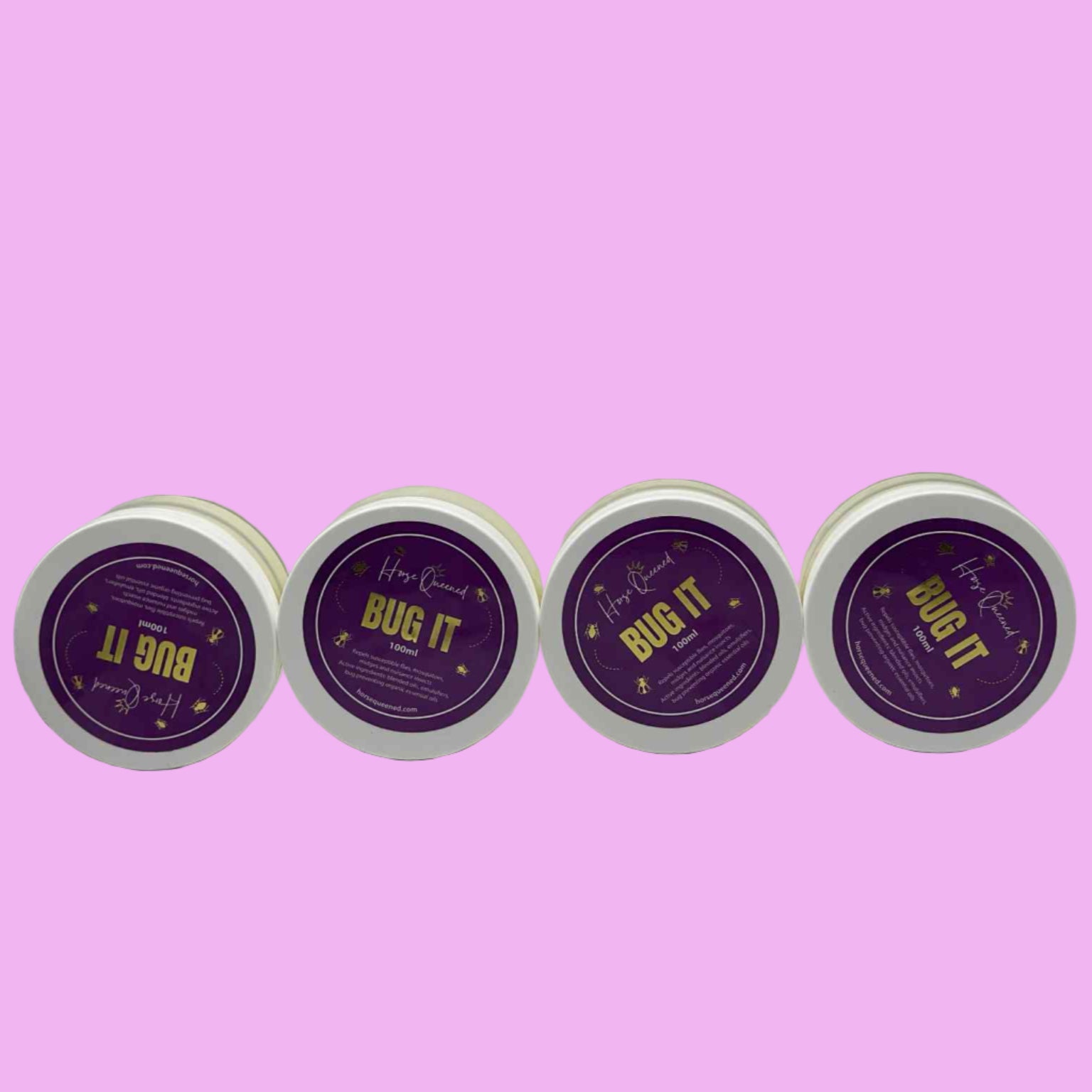 Four containers labeled 'BUG IT' on a white surface with a gray background