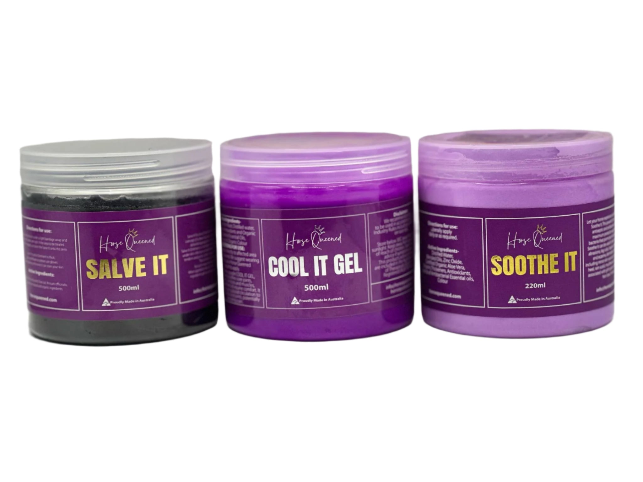 Soothe It, Salve It, and Cool It Gel 500ml jars – natural horse grooming pack for skin and leg care