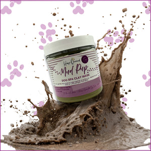 Dog spa clay mask jar with mud splashes on a white background