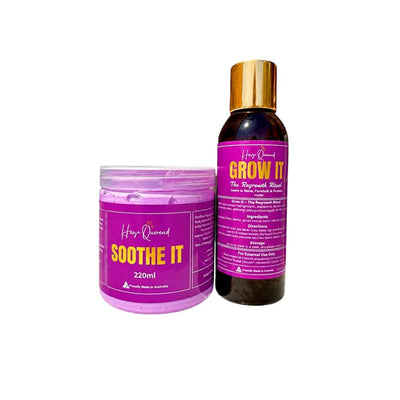 A hair care product set featuring a purple jar labeled 'Horse Queened Soothe It' and a dark brown bottle with a gold cap labeled 'Hair Queen Grow It', shown on a plain white background. Designed to help healthy hair growth and return on horses