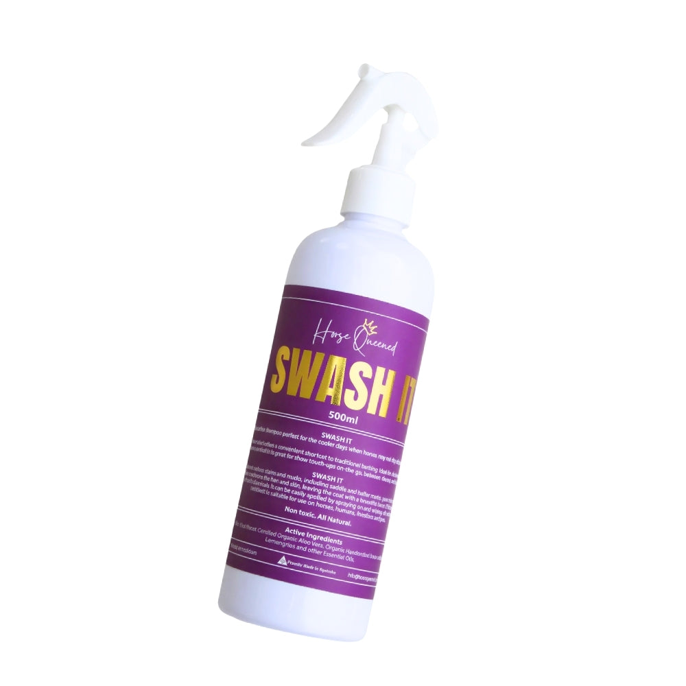 Swash It – Spray, rub, done. Fast clean-up for mud + show prep