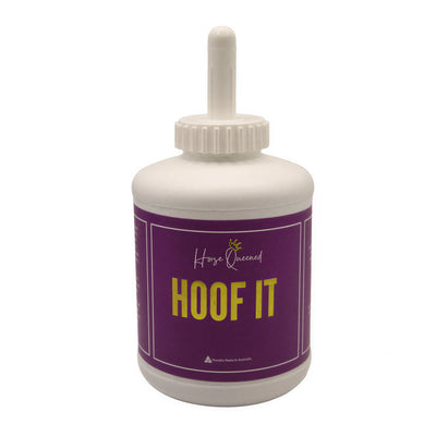 Bottle labeled 'HOOF IT' with a purple label on a white background