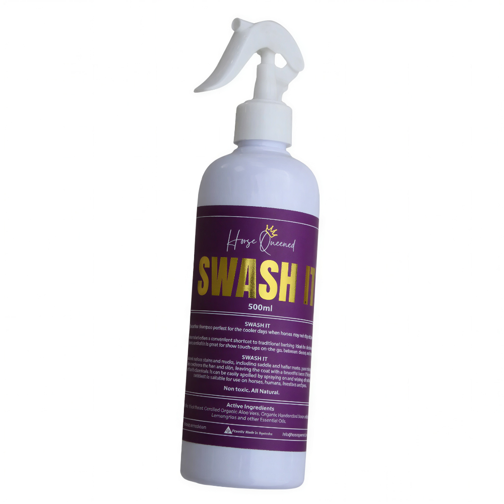 White spray bottle with purple label on a white background