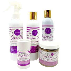 dog spa days products all natural and fun in purple and white
