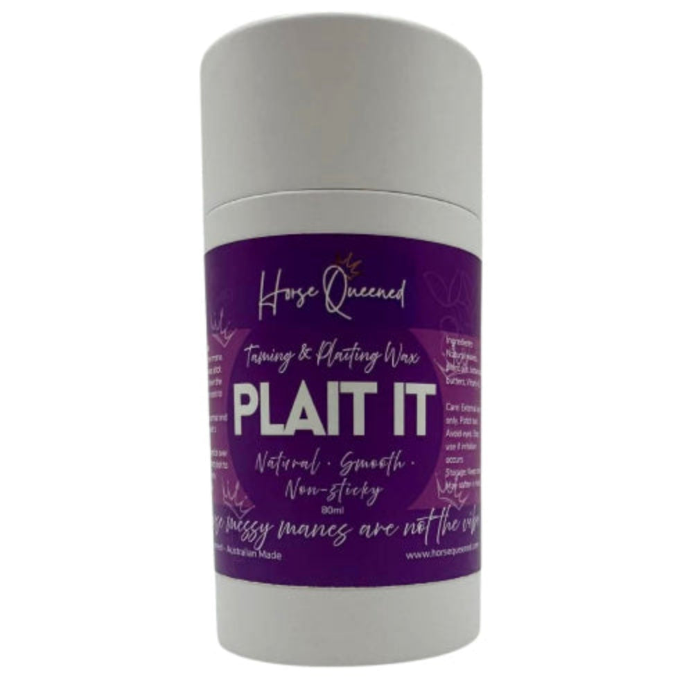 White cylindrical container with purple label on a white background for plait it hair product