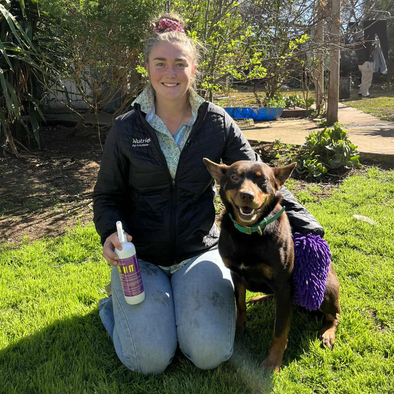 Jacey and her dog Zeus and Swash It, waterless shampoo spray for dogs