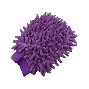 Purple microfiber cleaning mitt on a light gray background