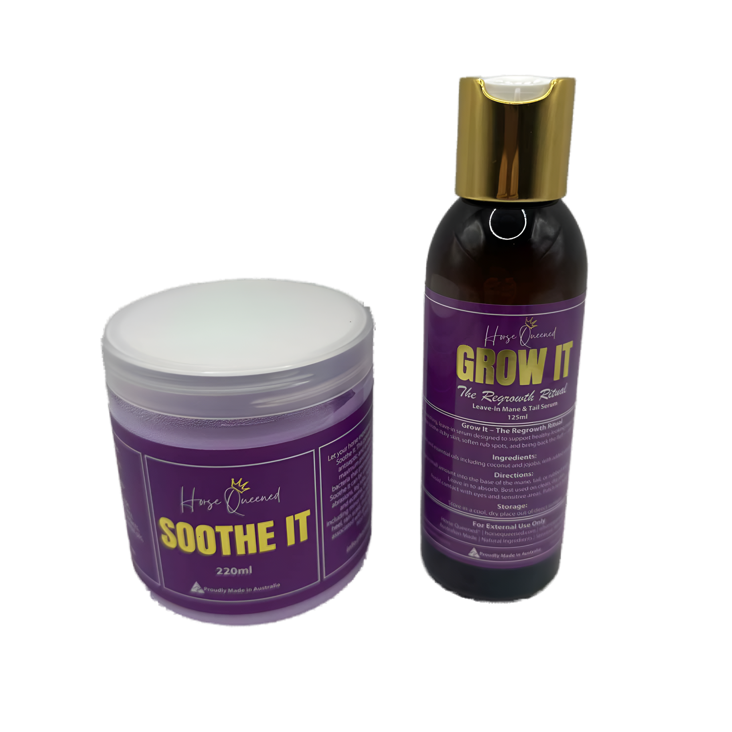 Horse Queened Regrowth Ritual Pack — Grow It and Soothe It bottles for horse mane, tail, and skin care